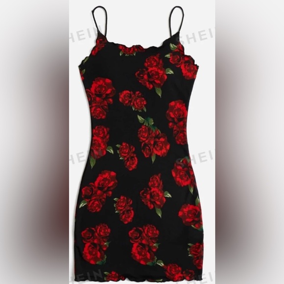 SHEIN Privé Floral Print Lettuce Trim Cami Short  Bodycon Dress Sz Large - Picture 1 of 10